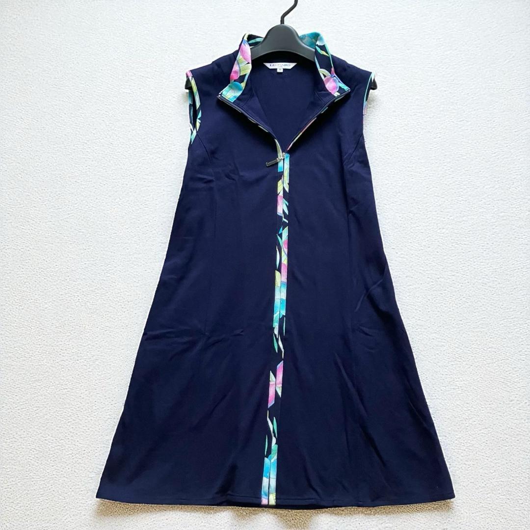 美品 レオナール ジップアップ ノースリーブワンピース トリム ネイビー 40 フレンチリネン・ノースリーブワンピース/DoCLASSE