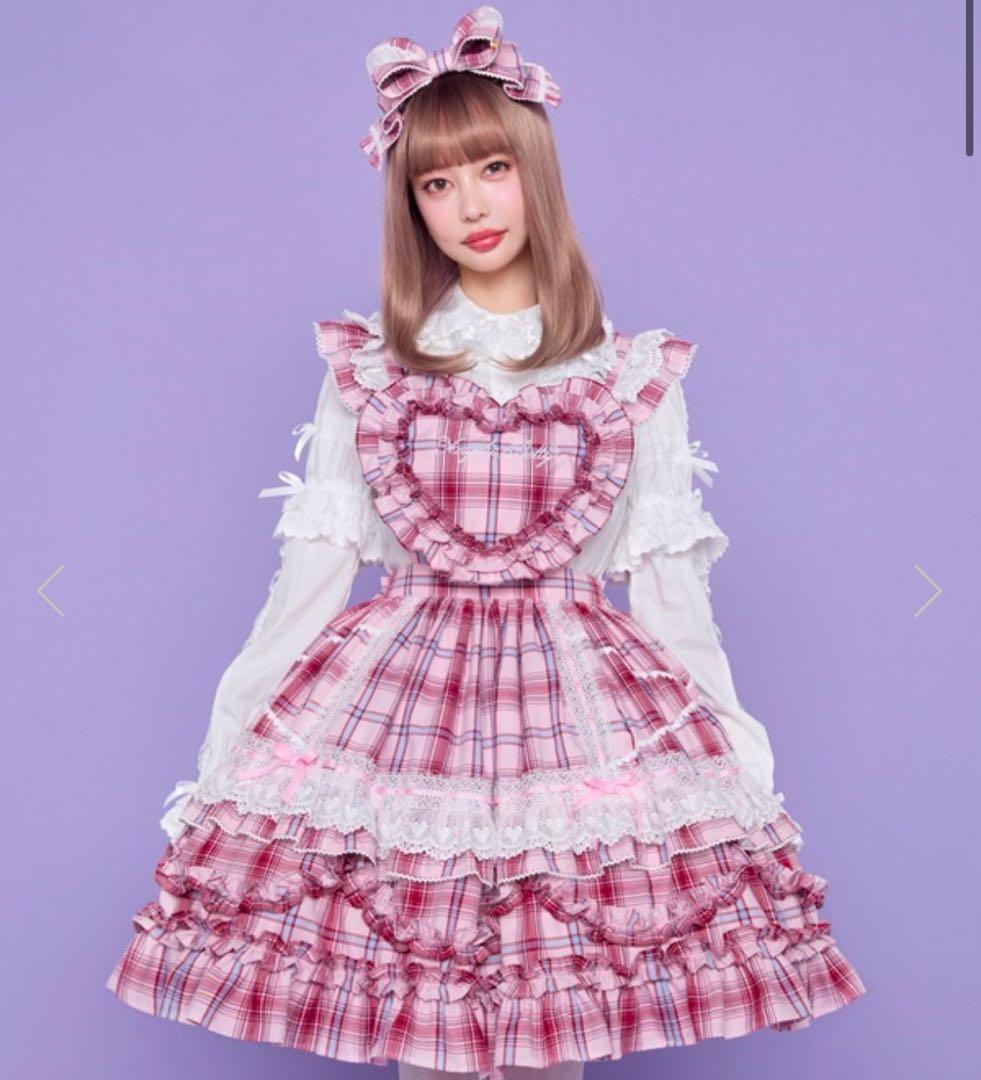 Angelic Pretty タータンチェック ハート胸あて付きスカート セット