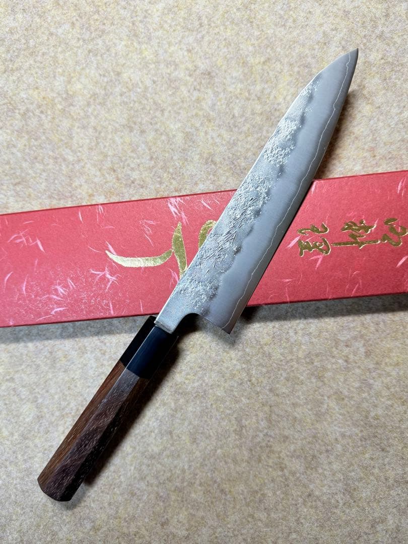 義弘作 牛刀 包丁 銀三鋼 梨地 6寸 山脇刃物製作所 紫檀水牛八角