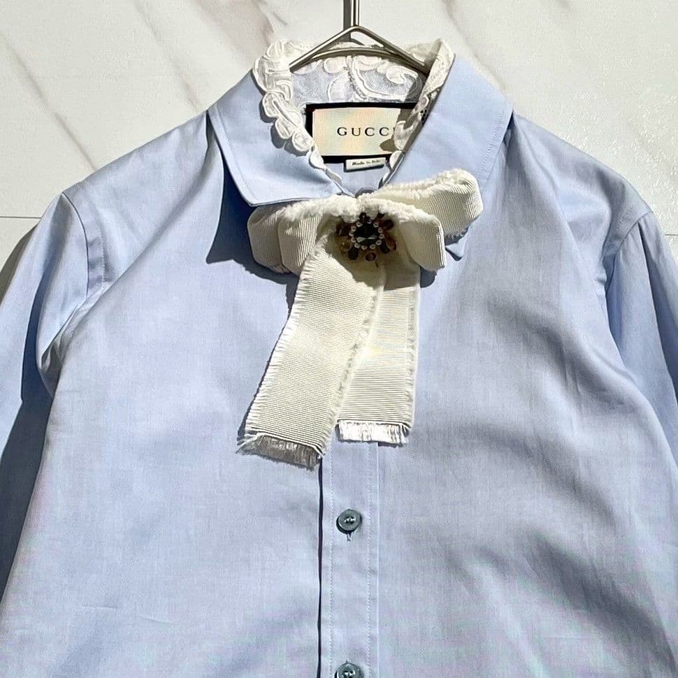 希少/リボンブローチ付き☆グッチ 長袖ブラウス レース 38 イタリア製