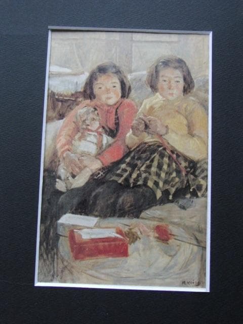 小磯良平、【二人の少女（座像）】、希少な大判額装用画集より、美品