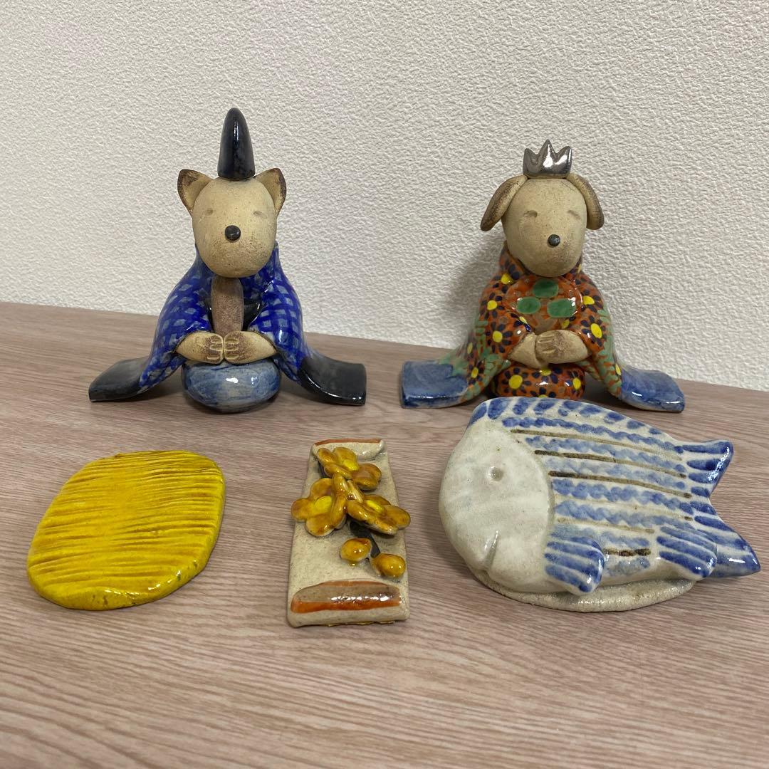 一点物 希少 益子焼 陶器雛人形 犬の嫁入り 陶器製 雛道具付