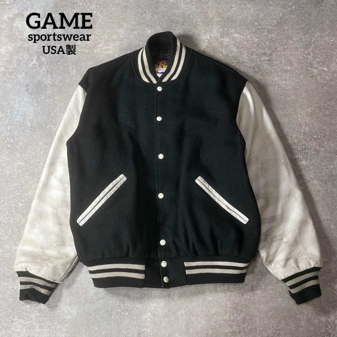 90s〜 GAME sportswear L USA製 スタジャン ウール スタジアムジャケット スタジャン 無地 アメリカ製 ウール×レザー