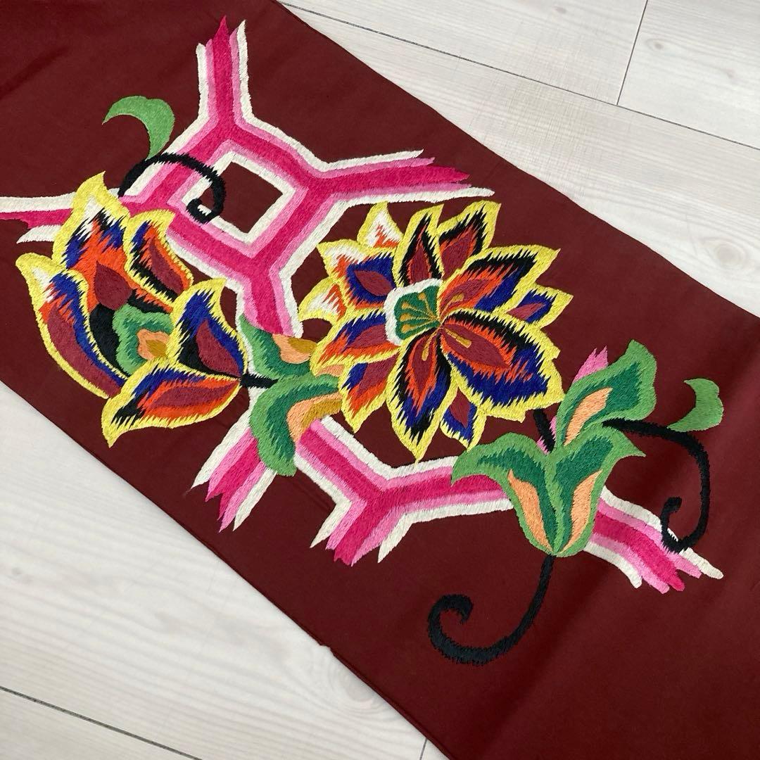 アンティーク名古屋帯　刺繍の花唐草　チョコレートブラウン　正絹　No.6-28