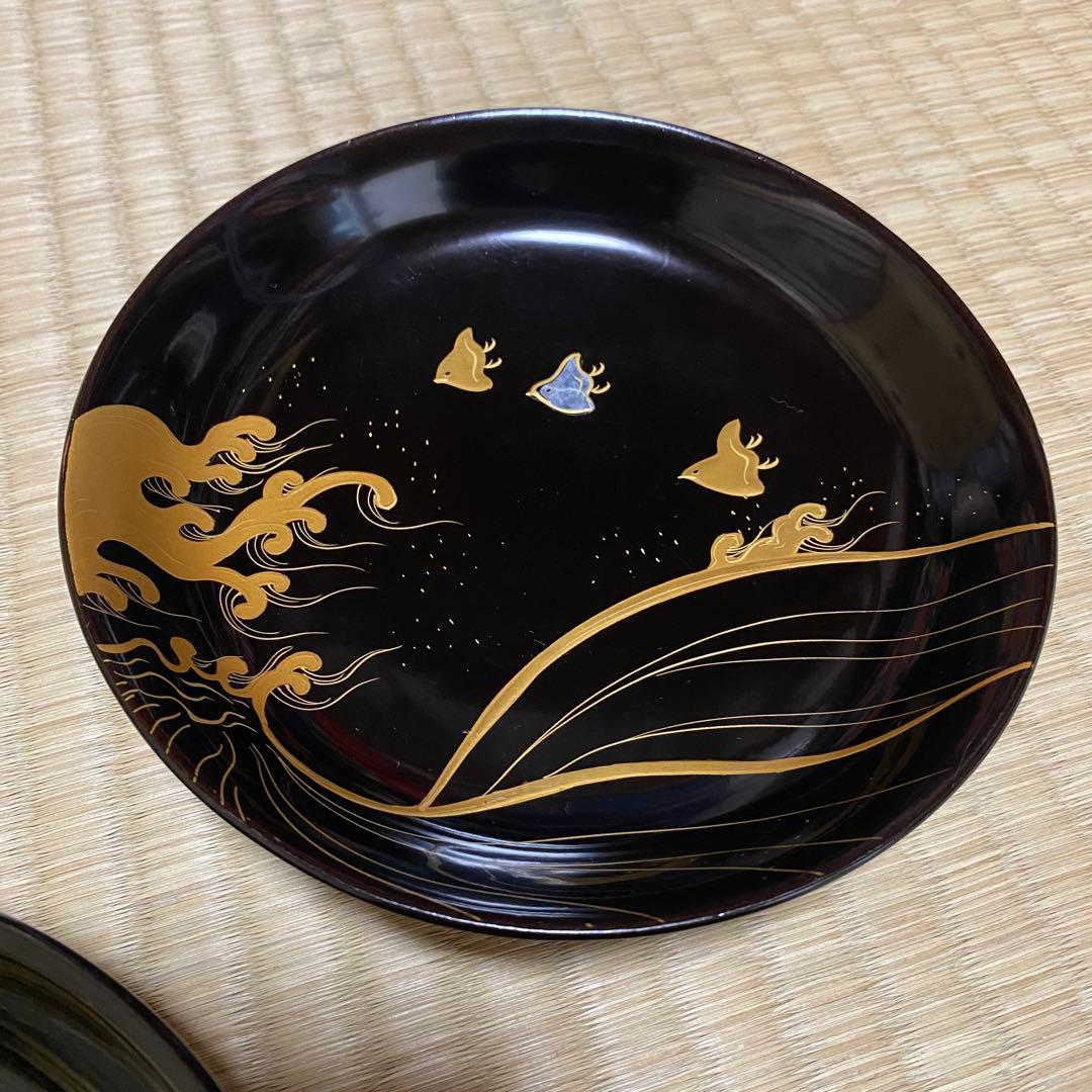 ◇時代 輪島塗 波千鳥 蒔絵 螺鈿細工 16cm皿 五客 銘々皿 菓子器 螺鈿