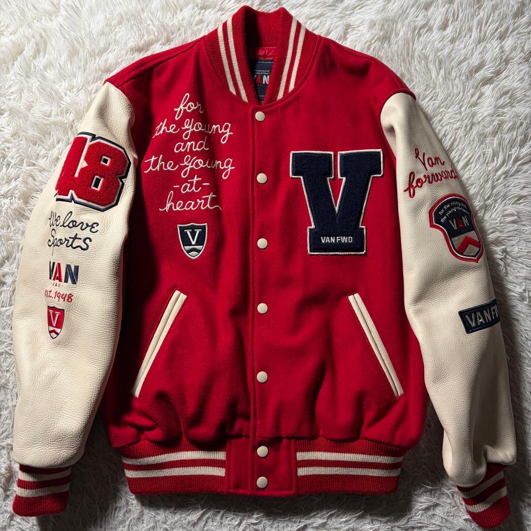 極美品■VAN JACKET スタジャン　フルデコ　袖レザー　ワッペン　M 激レア・美品】VAN JACKET フルデコ スタジャン 赤×白 袖レザー M