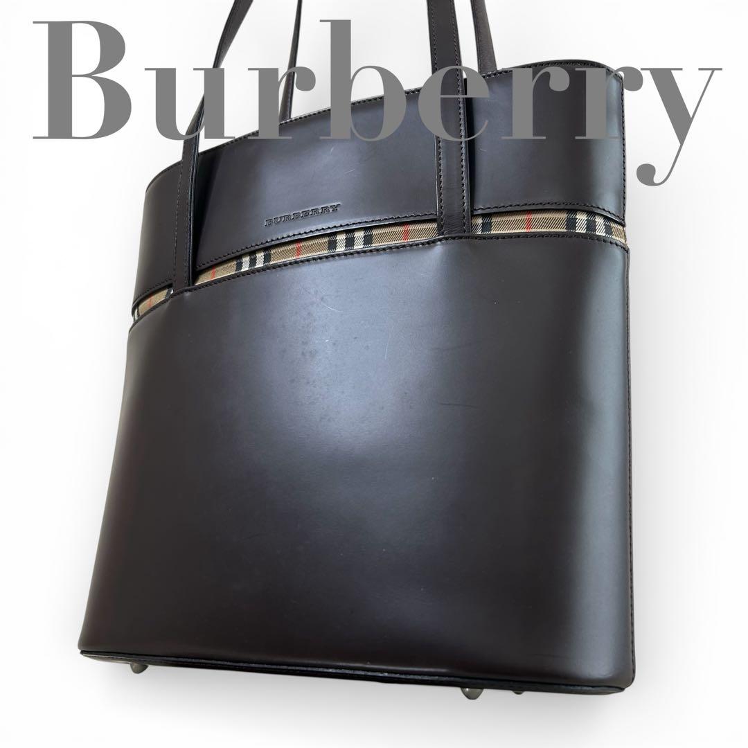 美品】 バーバリー ノバチェック トートバッグ 肩掛け レザー バケツ型