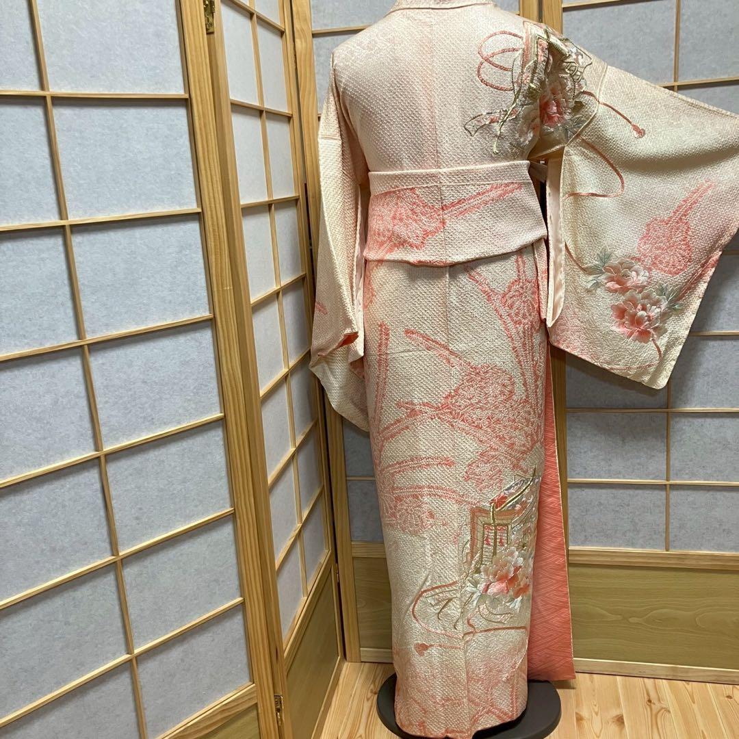 7534］訪問着 美品 御所車花文様 総絞り 金銀糸 駒刺繍 正絹 着物 袷