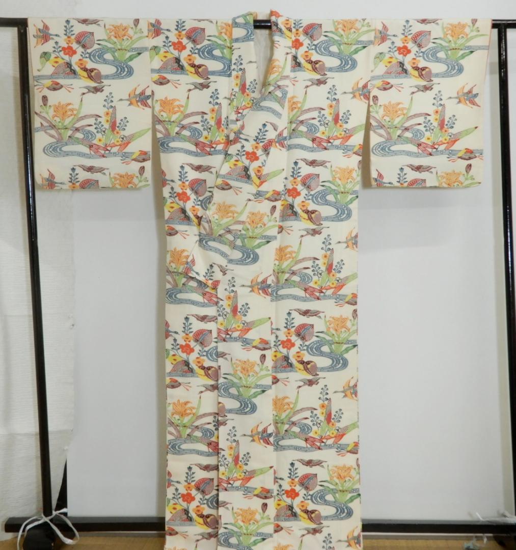 正絹・紅型染め小紋袷着物・顔料・手刷し・流水・貝・鳥・お花 - メルカリ