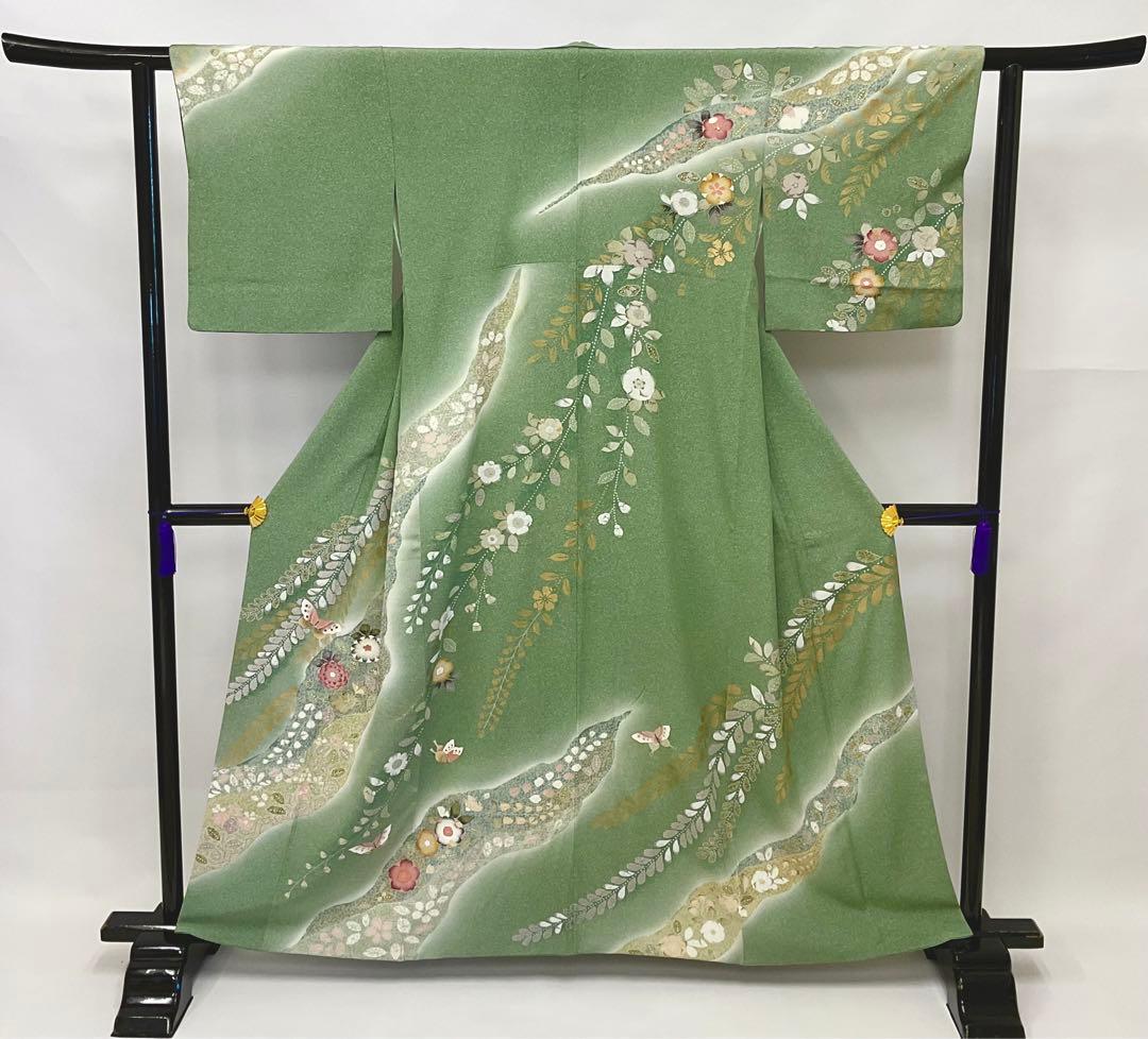 グリーン色グラデーション辻ヶ花訪問着 特選絞り染め訪問着❣️【辻ヶ花文様⭐️深緑色×抹茶色】グリーン