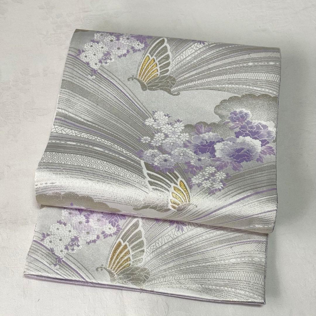 【袋帯】　洗える　白色　紫色　シルバー　蝶　 クリアホワイト　モダン　K 袋帯】 洗える 白色 紫色 シルバー 蝶 クリアホワイト モダン K - メルカリ