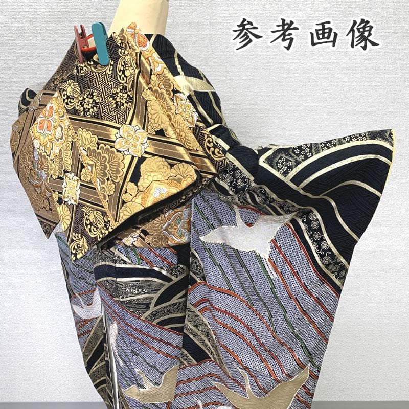 508z12〇古典柄 振袖 金駒刺繍 金彩 地紋 鶴 波〇美品 成人式 結婚式