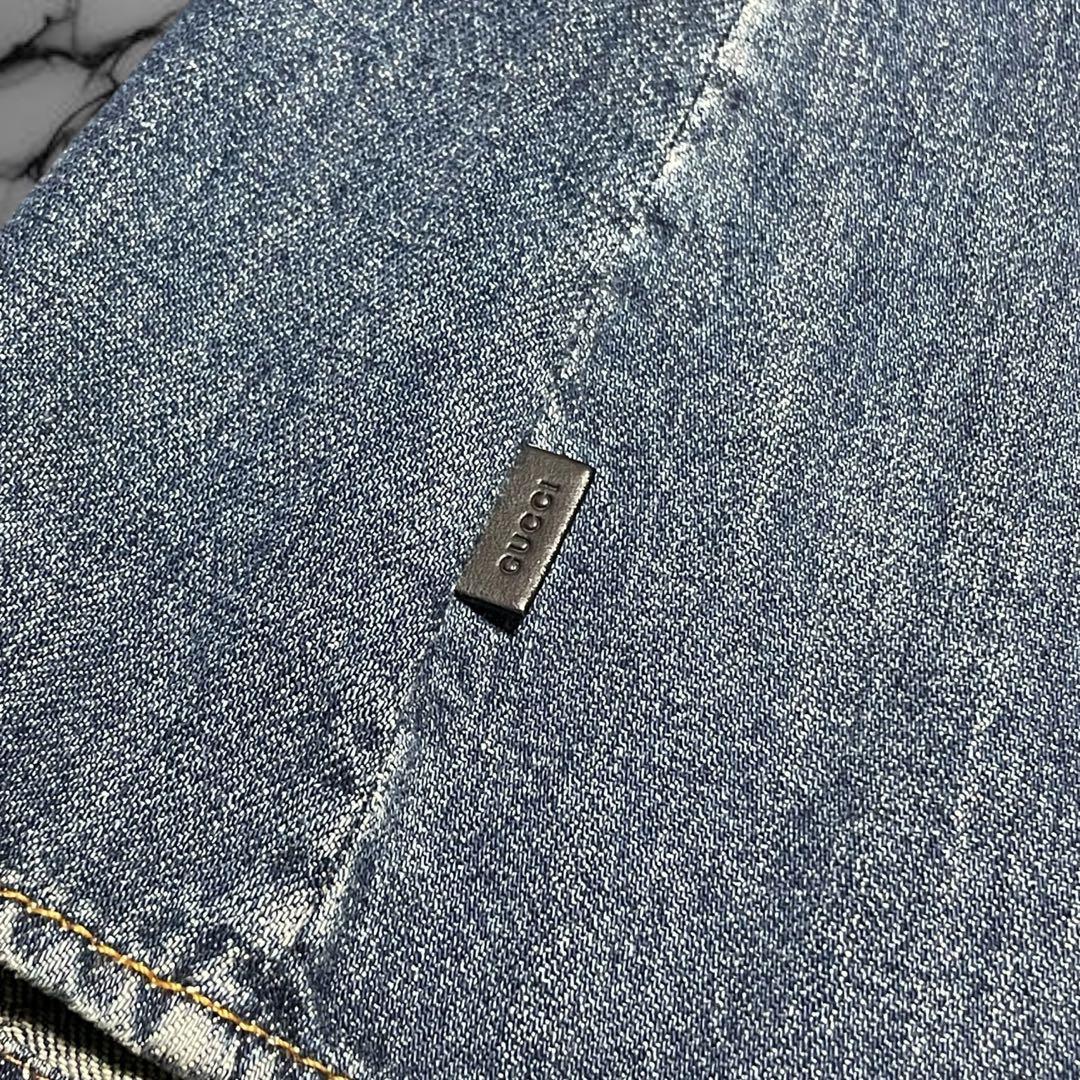 グッチ】美品デニム フリルシャツ インディゴ ロゴボタン レザータグ