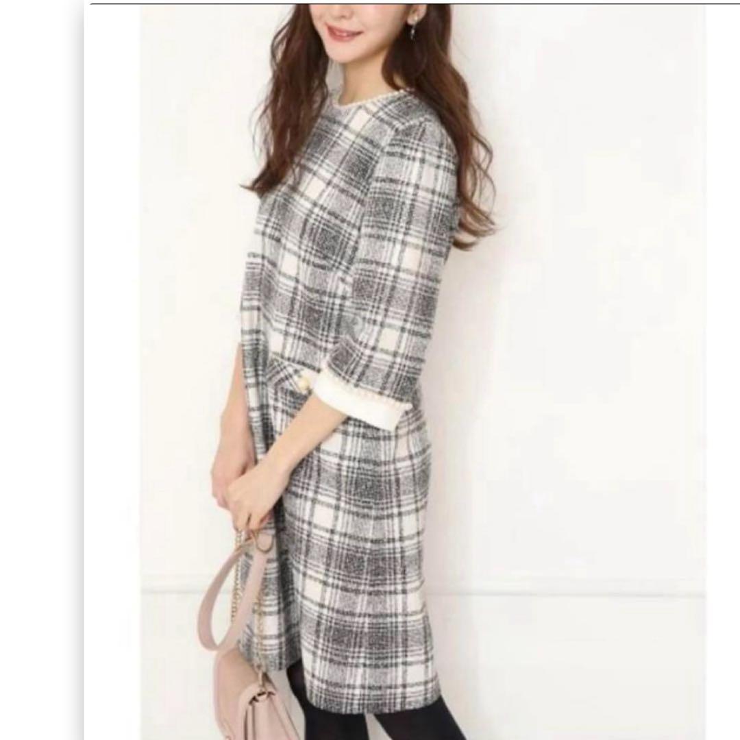 【タグ付】 アプワイザーリッシェ ツイードパールワンピース 7分袖 S チェック Apuweiser-riche ツイードパールワンピース （チェック