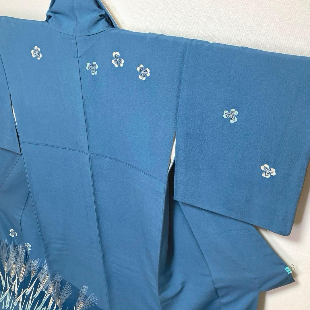 訪問着【 人間国宝 山田貢 】糸目糊揚友禅 麦文様 袷着物 青水色 正絹