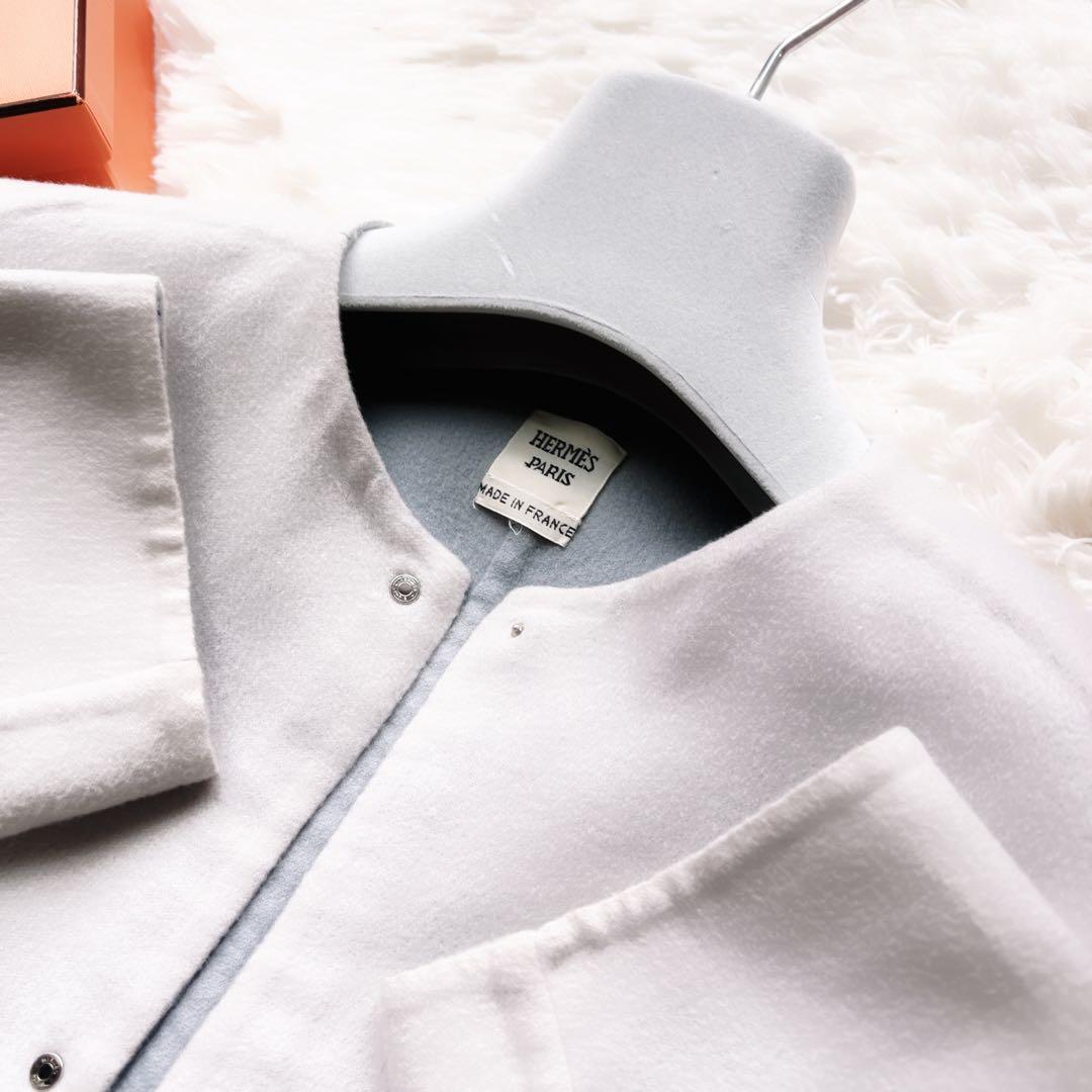 美品 HERMÈSエルメス カシミヤ ショート ノーカラー コート ブルー