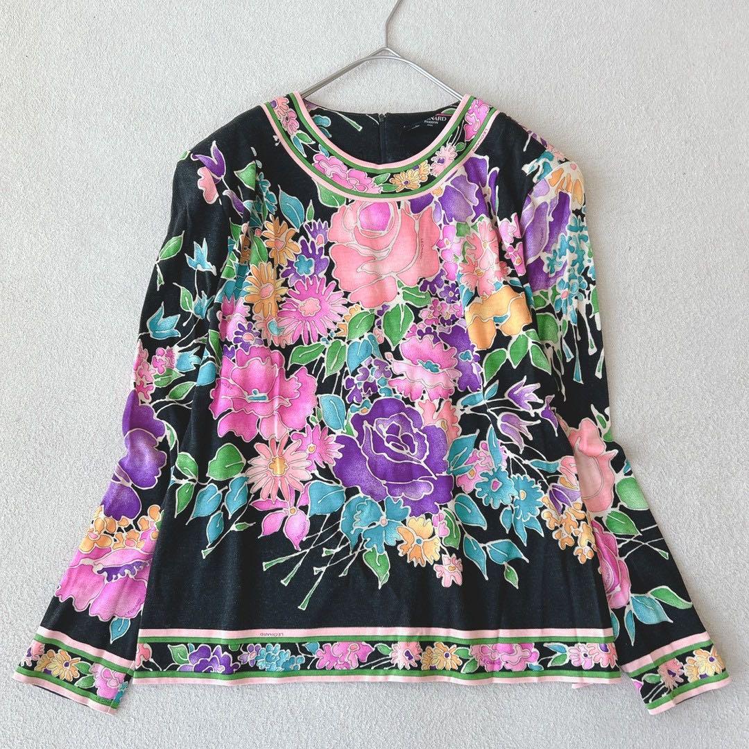 美品✨LEONALD　ブラウス　長袖　ウール×シルク　花柄　トリム　黒　M LEONARD（レオナール） #anc シャツ・ブラウス M 黒 マルチ 金ボタン