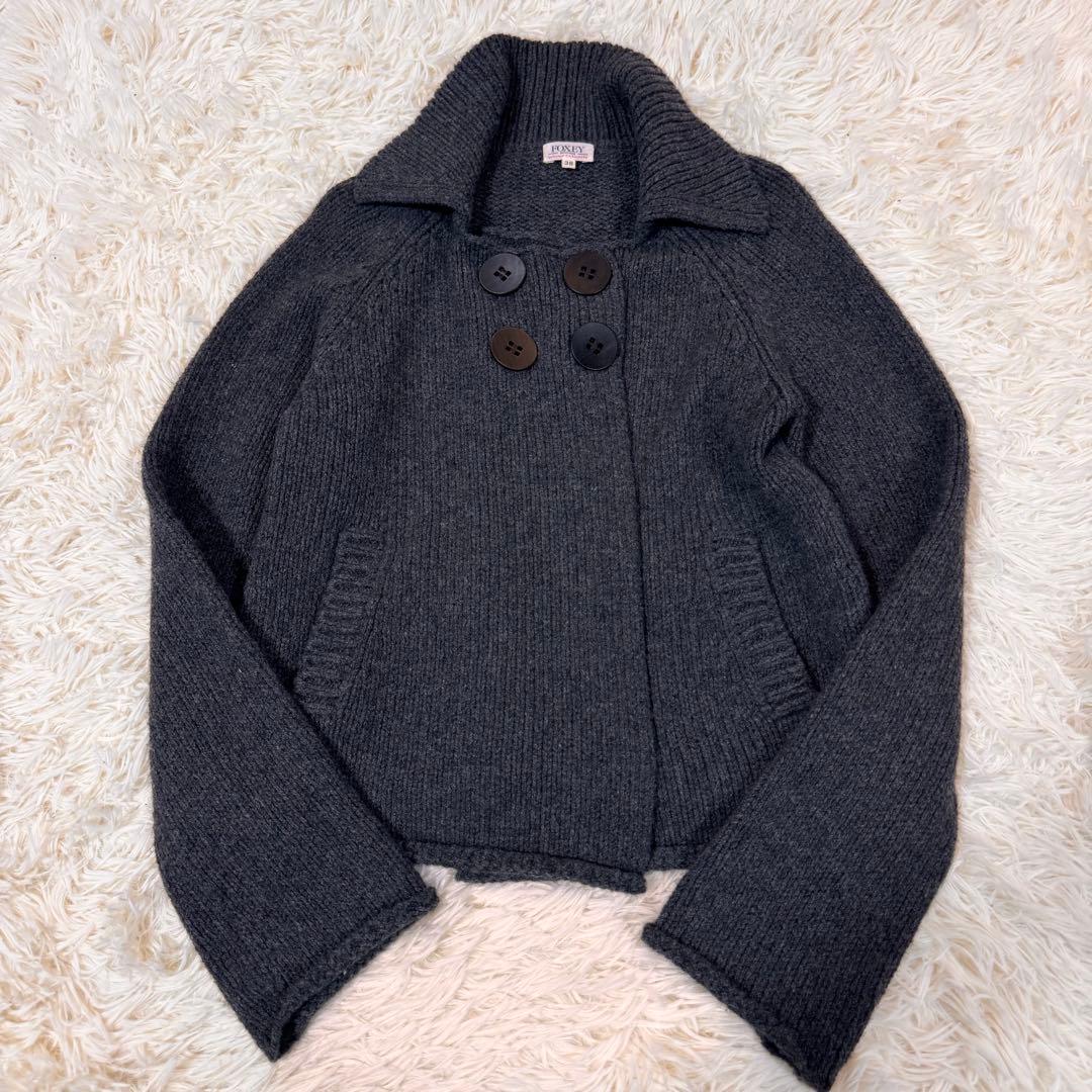 美品 FOXEY ニットカーディガン カシミヤ シルク 水牛釦 グレー 38