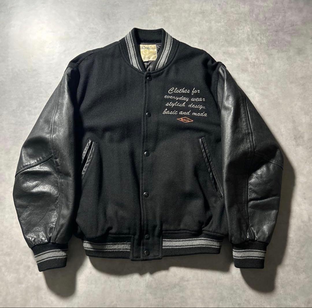 BALL BASIC ブラック レザー 刺繍 カレッジロゴ デザイン スタジャン