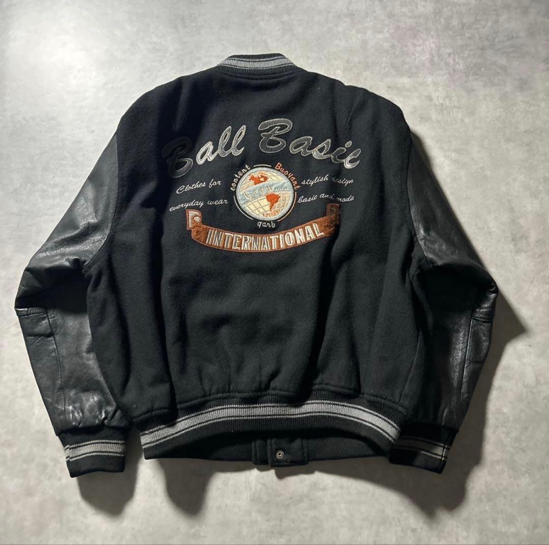 BALL BASIC ブラック レザー 刺繍 カレッジロゴ デザイン スタジャン
