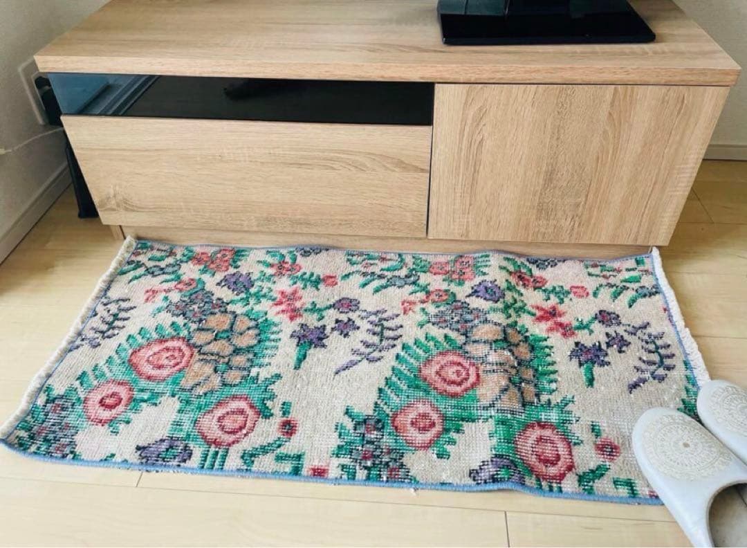 花柄　トルコヴィンテージラグ トルコヴィンテージラグ 200×114フラワー 均等柄 ルビーレッド モカ