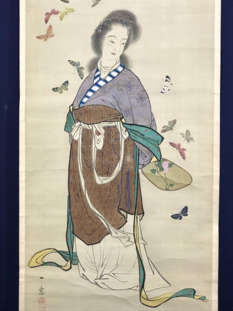 真作】義原一窓/唐美人に蝶図/美人図/掛軸☆宝船