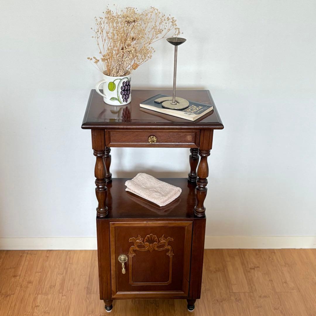 【 送料込み 】国産 ビンテージ 木製 ナイトテーブル 収納棚 引き出し付 幅60cm ナイトテーブル コンソールボックス サイドチェスト