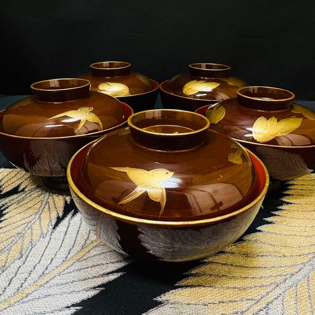 漆器 輪島塗 蒔絵 沈金木製 蓋付椀 お煮物椀 吸物椀 5客 骨董品 - メルカリ