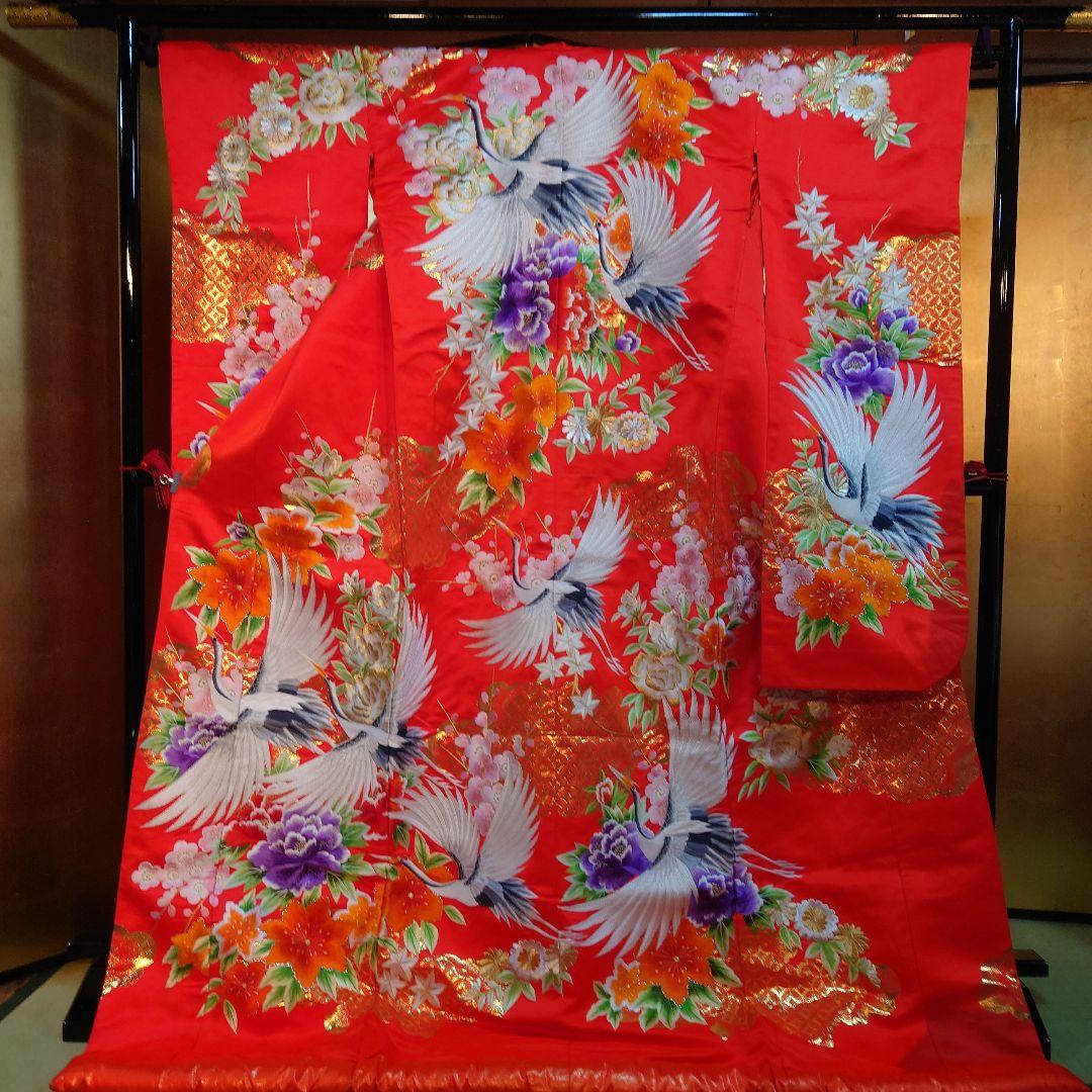 色打掛 赤 鶴と花の刺繍 結婚式用
