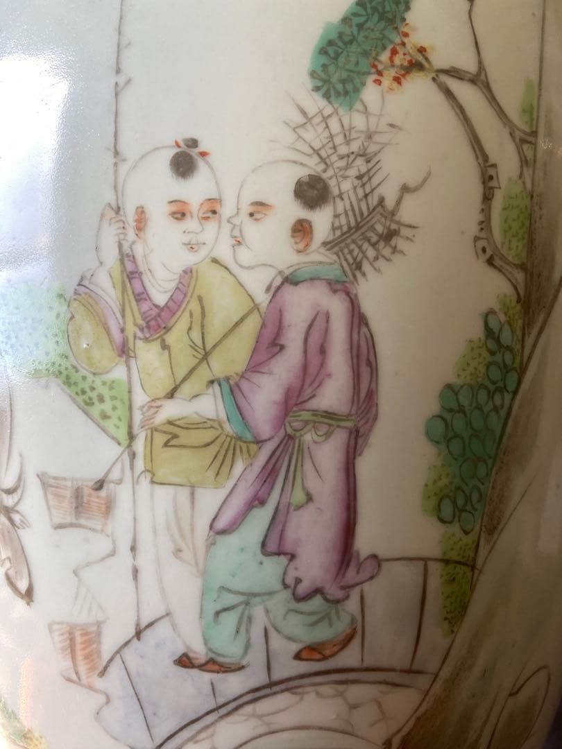 中国古美術 清末民国時代 豆青釉浅降彩大花瓶42cm 漁樵耕読 - メルカリ