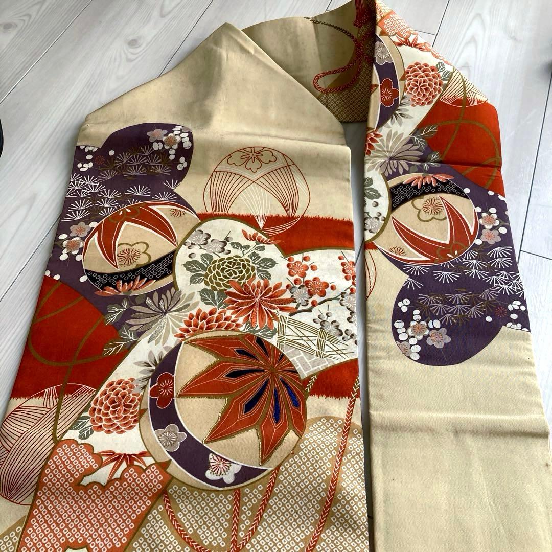 アンティーク名古屋帯 刺繍 しつけ糸付 大正ロマン 正絹 金駒刺繍 N66