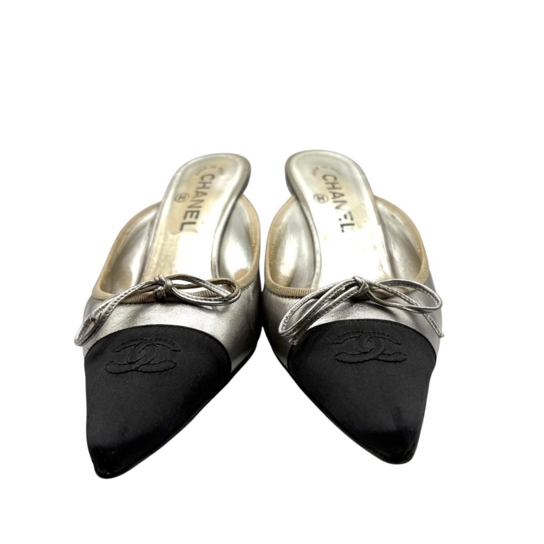 シャネル CHANEL バイカラー ミュール ココマーク シルバー
