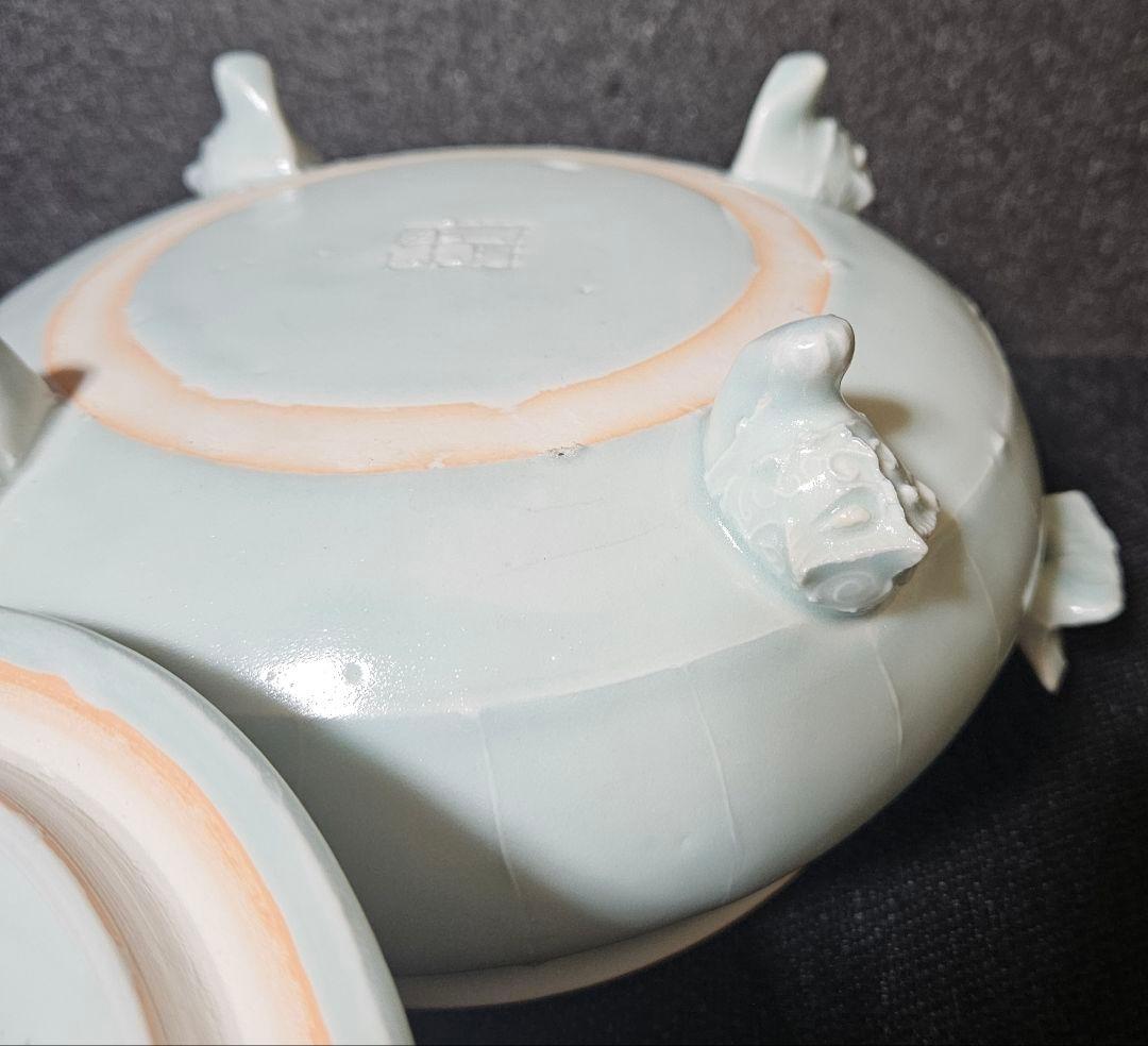 京焼 清水焼 名工 吉川充 造 青白磁 有蓋獣足鉢 香器香炉 お櫃 高島屋