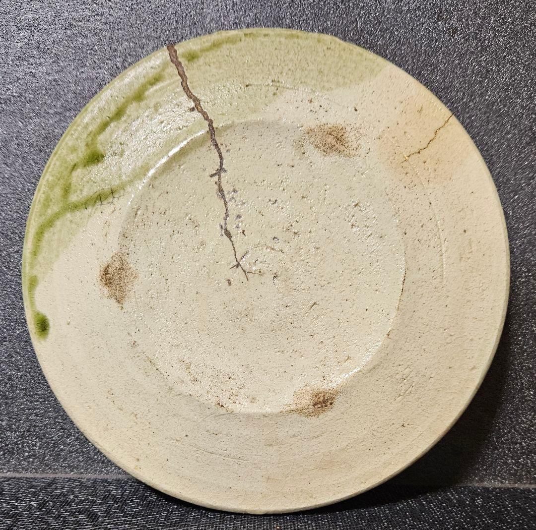 江戸末期～明治時代 瀬戸古瀬戸 鉄絵 菊図 緑釉掛 径20.2cm 行灯皿 石