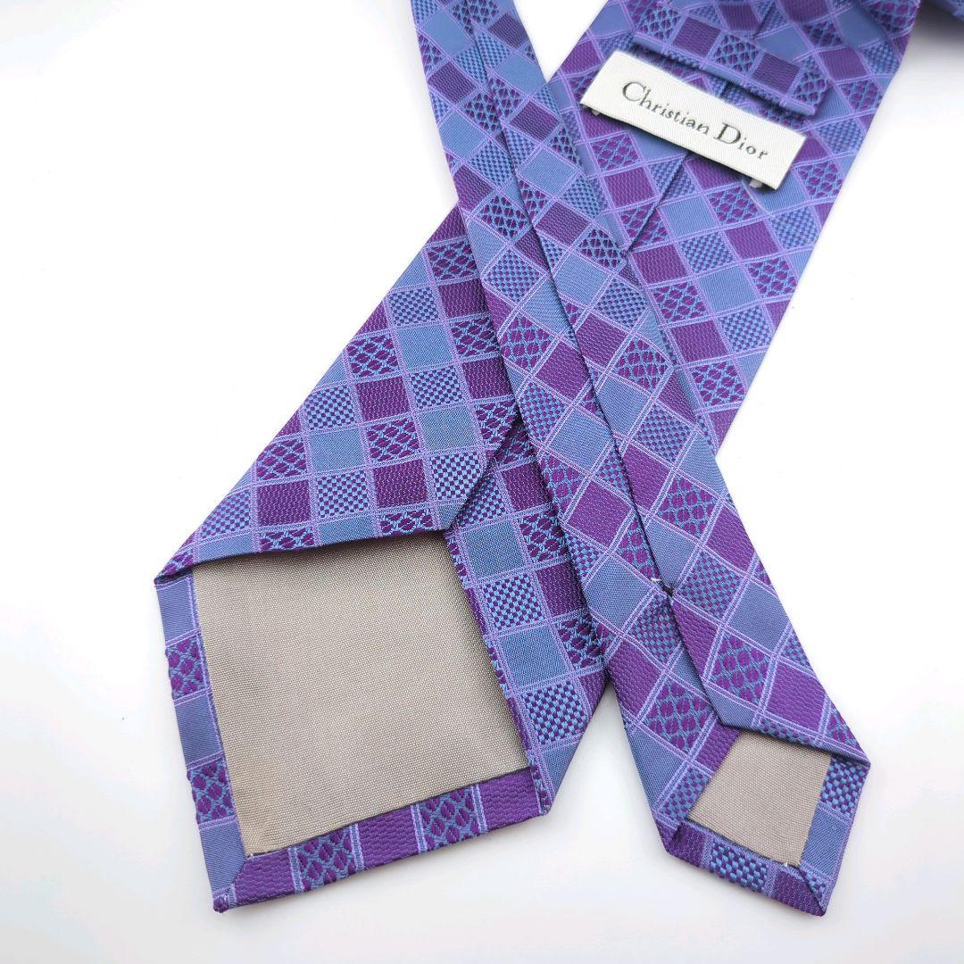 美品 クリスチャンディオール ネクタイ シルク100% 紫×水色 チェック柄