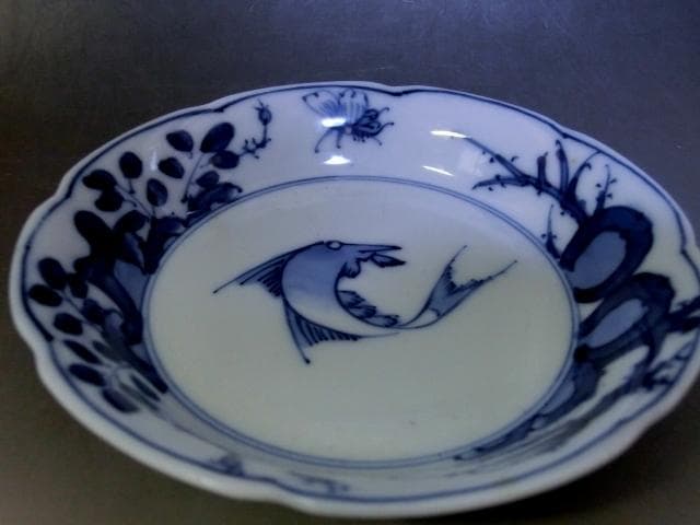 皿□角福 魚紋染付 唐草 蝶 花弁型 古伊万里 古美術 時代物 骨董品