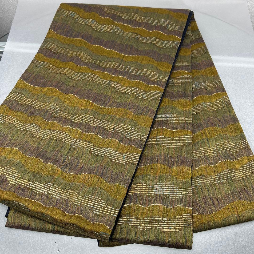 袋帯 緑と紫の波模様0123 中古）京袋帯 黒 カジュアル 六通 染め 猫 絹