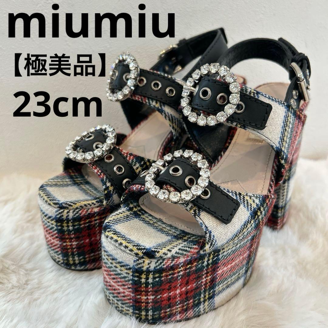 美品　miu miu ミュウミュウ 厚底 サンダル ビジュー チェック柄 36 ミュウミュウ Miu Miu MIUMIU サンダル 5X140E 3LKK メタルバックル