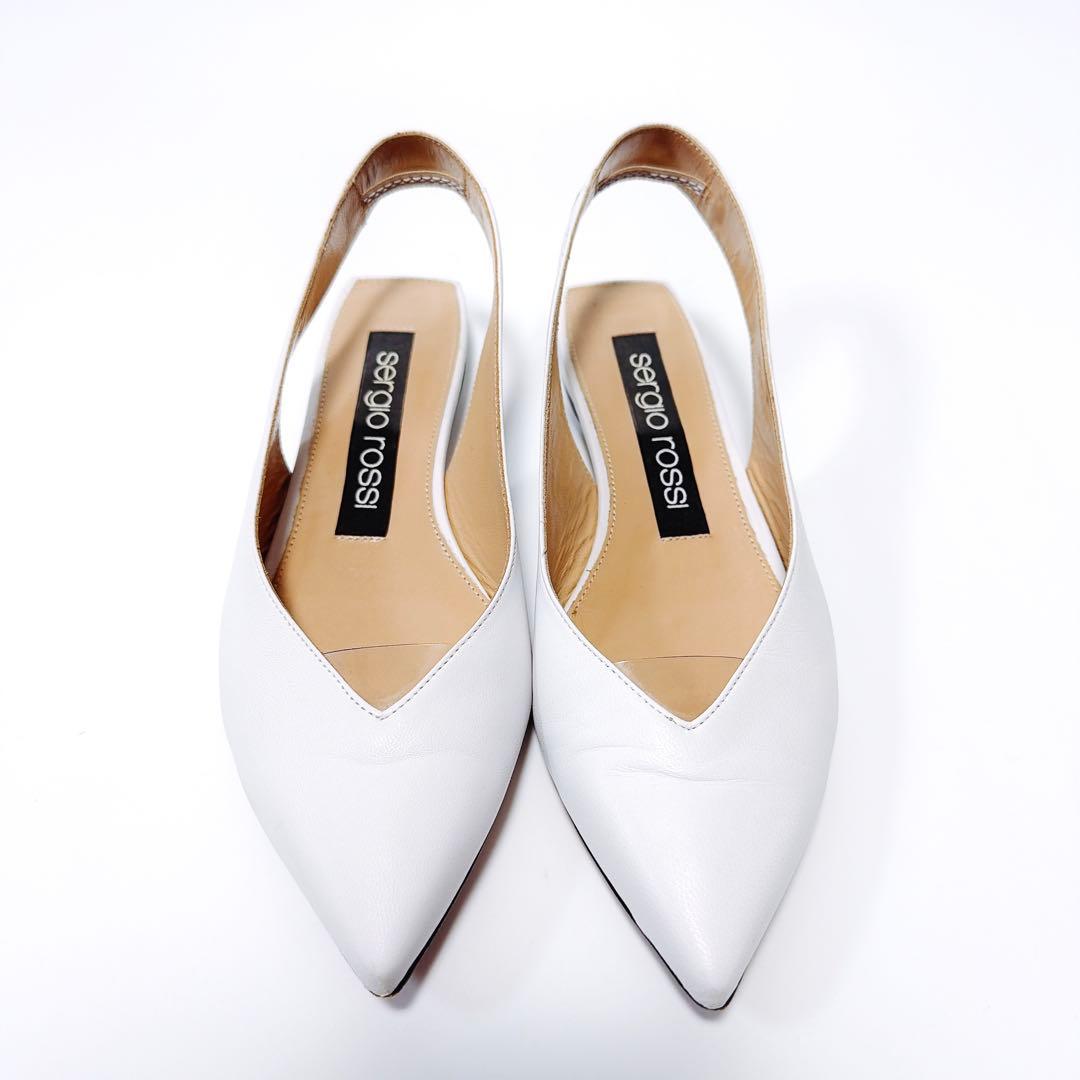 《美品》セルジオロッシ フラットパンプス ストラップ ホワイト 35.5