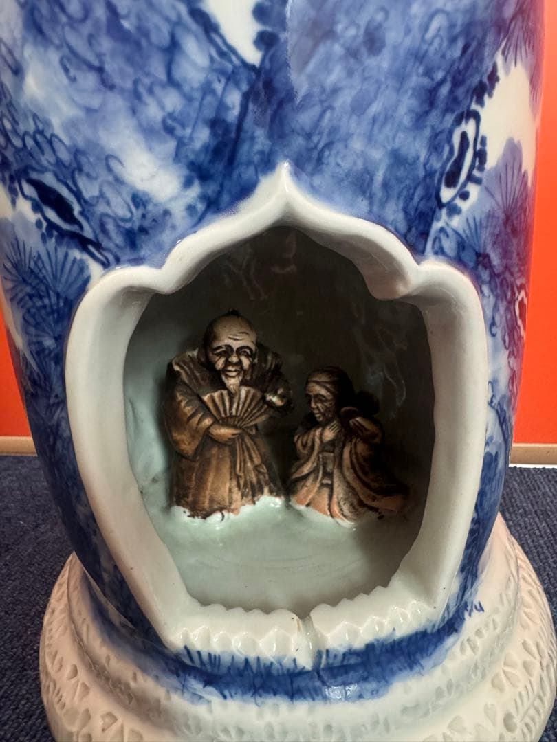 1675 希少 平戸焼 大花瓶 大壺 陰刻 人物浮彫 時代物