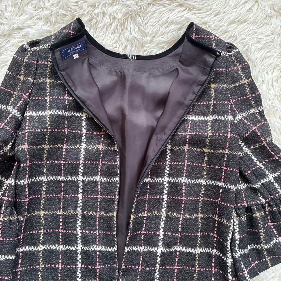 美品☆M'S GRACY ツイードライクプリントワンピース リボン 大きい