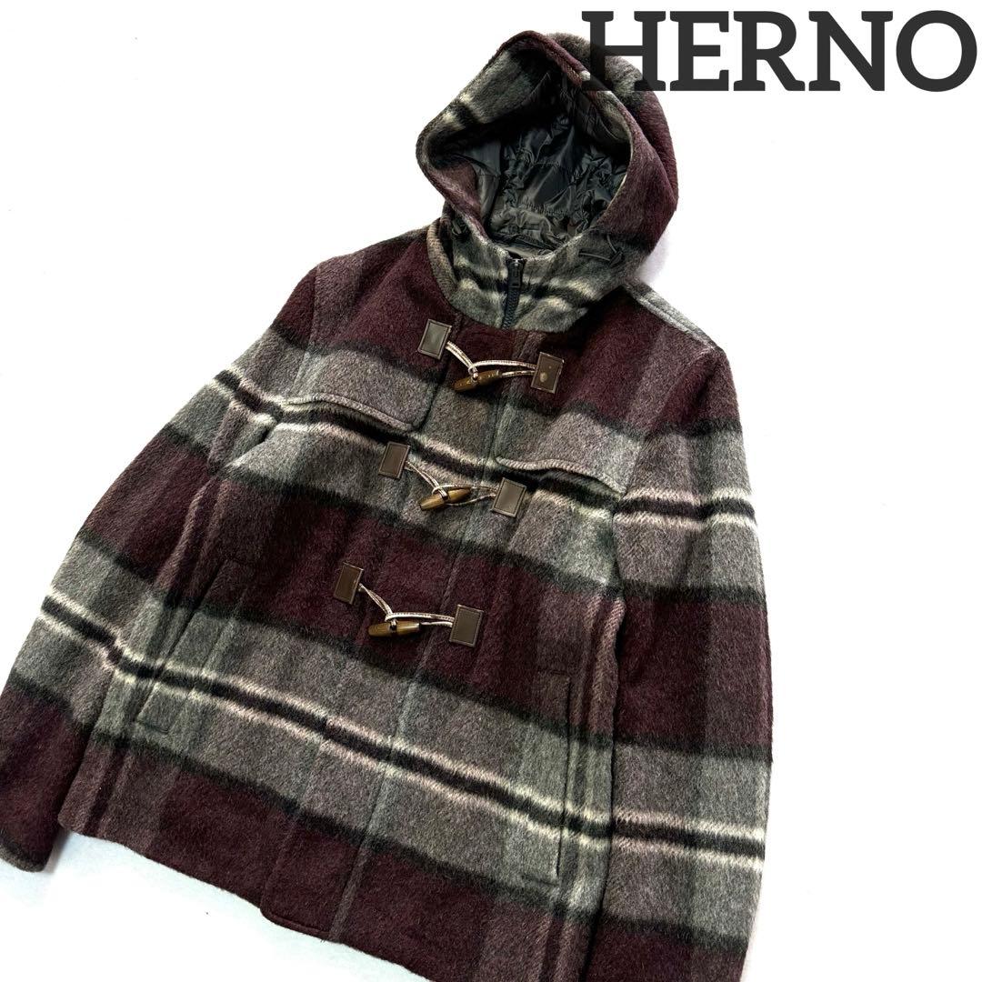 ☆ Herno チェック柄 シャギーニット 中綿 ジャケット 48 アウター HERNO(ヘルノ)｜チェック中綿コンビフーディーショートコート/チェック