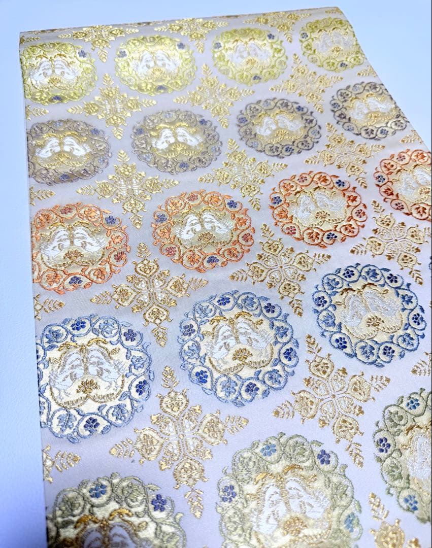 未使用品 高級 袋帯 正絹 六通柄 篠屋宗兵衛 総唐織 クリーム 訪問着