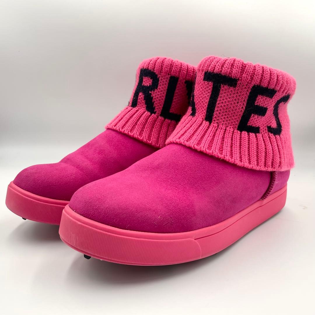 美品☆パーリーゲイツ ヌバック×リブニット ショートブーツ ピンク系