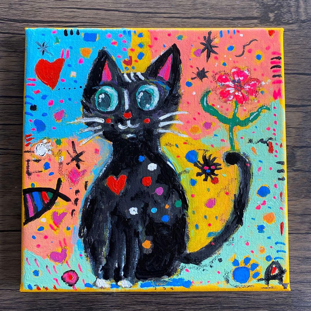カラフルな猫のアクリル絵画抽象画アクリル画インテリア「ドット猫の