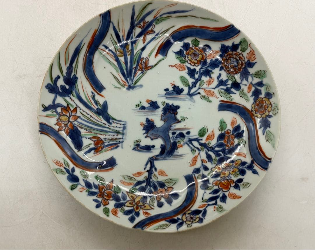 中国 明時代 南京赤絵草花捻文皿 青華五彩 共箱 アンティーク 送料込み