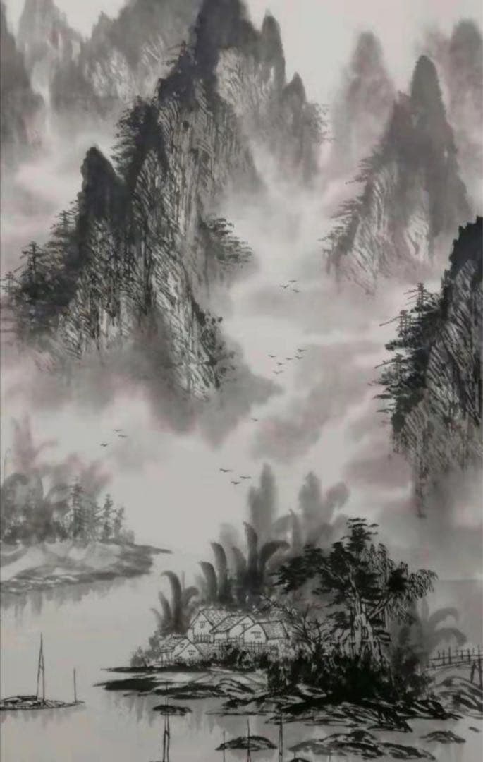 中国の水墨画、盧景春 肉筆漓江煙雨 掛け軸 大幅 名品绘画 。 - メルカリ