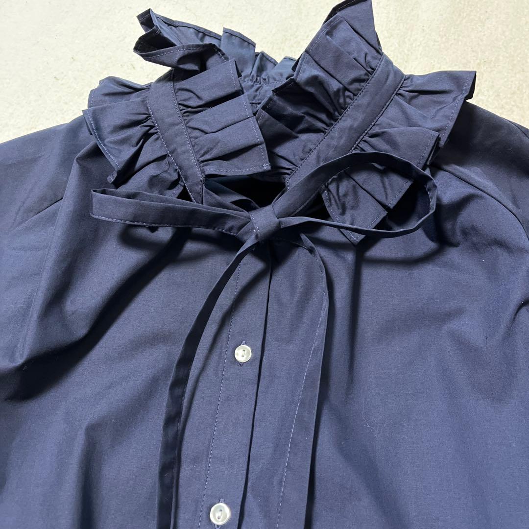 タグ付き 美品 CADUNEカデュネ フリル衿ブラウス ボウタイ ネイビー 紺