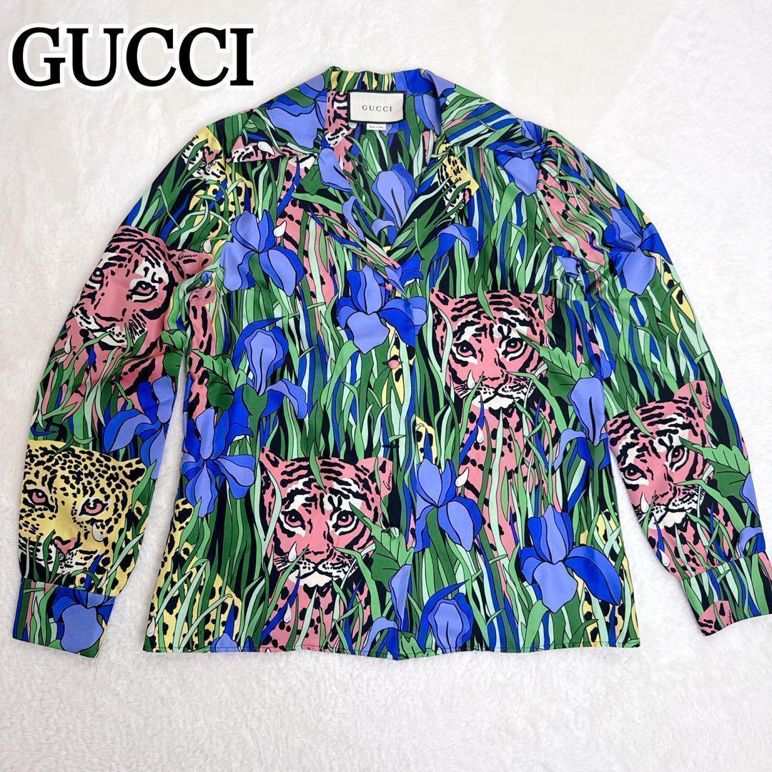 希少✨【GUCCI】グッチ パンサー 総柄 マルチカラー シルク シャツ y2k