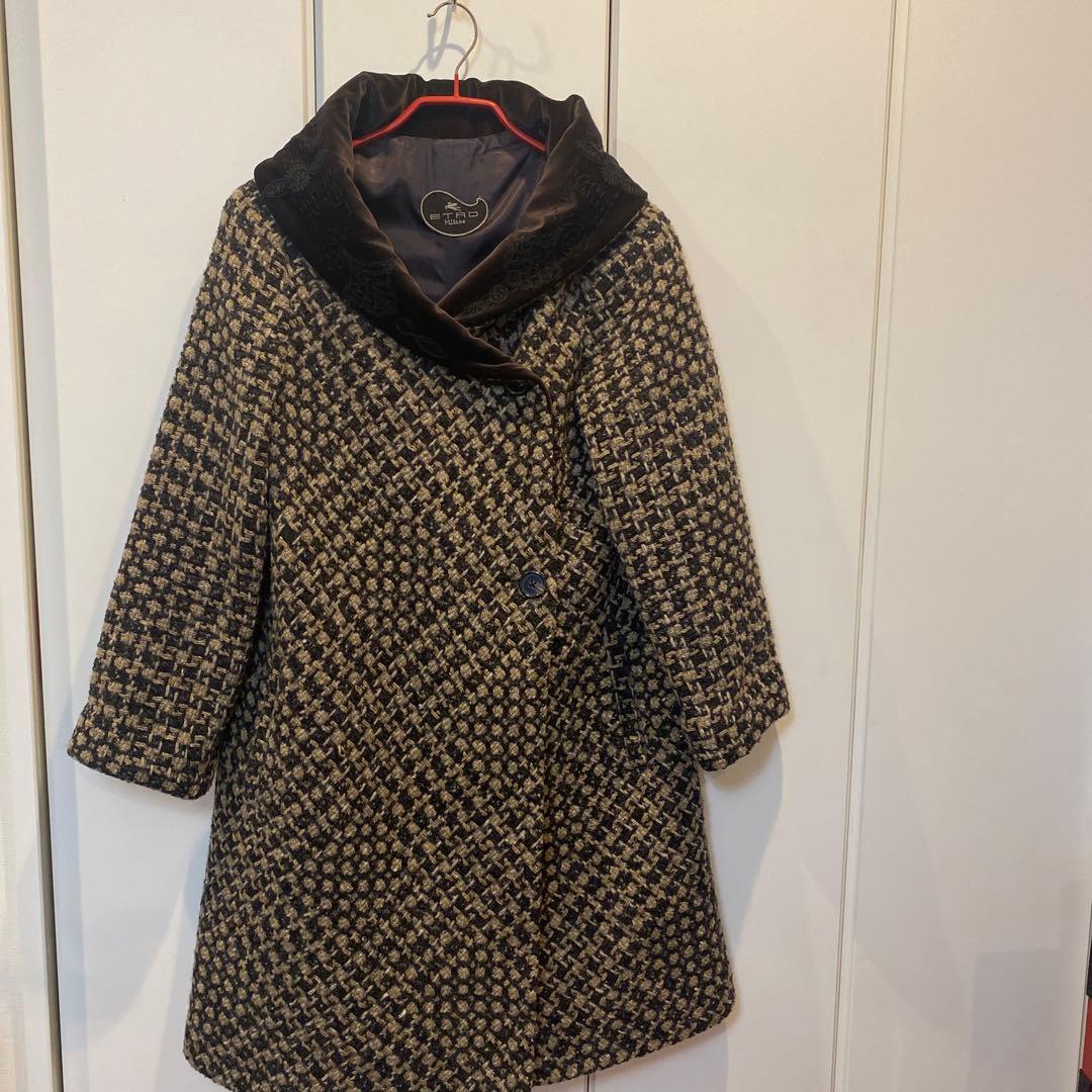 エトロのクラシカルな雰囲気　ロングコート ETRO エトロ イタリア製 シルク混 金釦 リーフ総柄 ロングコート